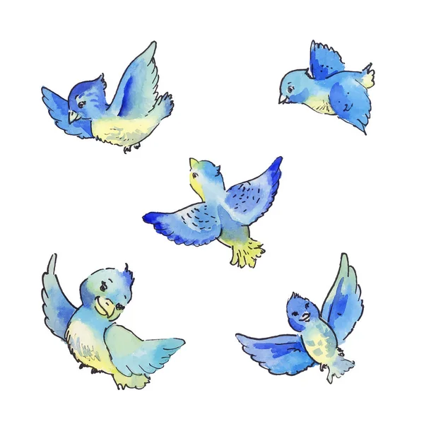 Conjunto de aves azules voladoras, ilustración de acuarela — Vector de stock