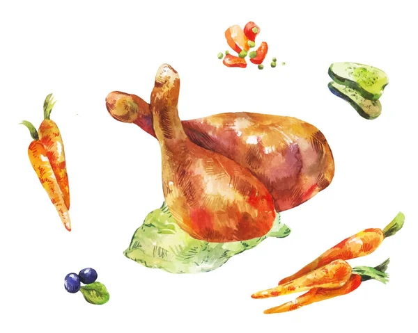 Cosce di pollo. Illustrazione ad acquerello. Verdure con mea fritta — Vettoriale Stock