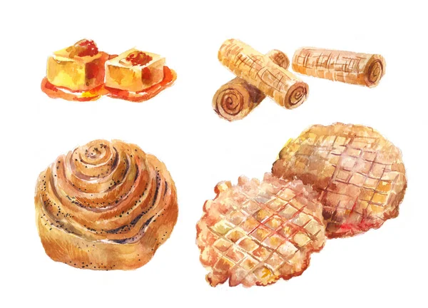 水彩イラストのセットです。キャラメル、ケシの実のパン, — ストック写真