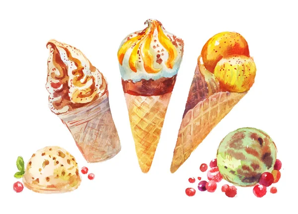 Conjunto de ilustraciones. Acuarela vector Helado — Archivo Imágenes Vectoriales