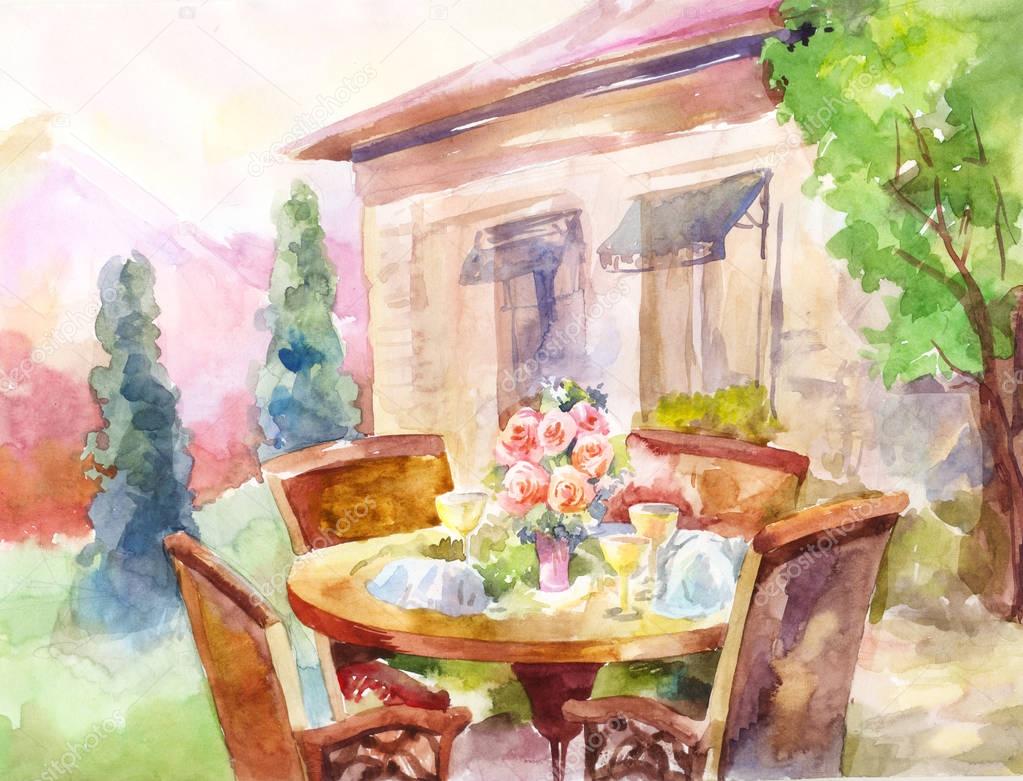 lunch on vacation in the mountains. Hand drawn watercolor art