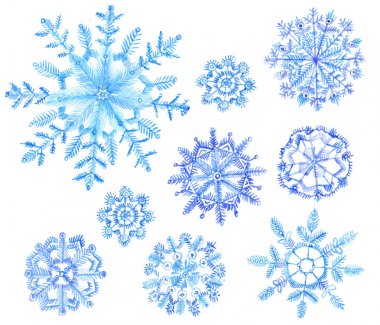 Suluboya kar taneleri kümesi. Noel resimde beyaz bac üzerinde