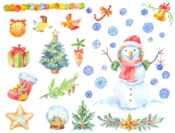 Aquarel kerst stickers. Set van handgetekende decoratie — Stockfoto