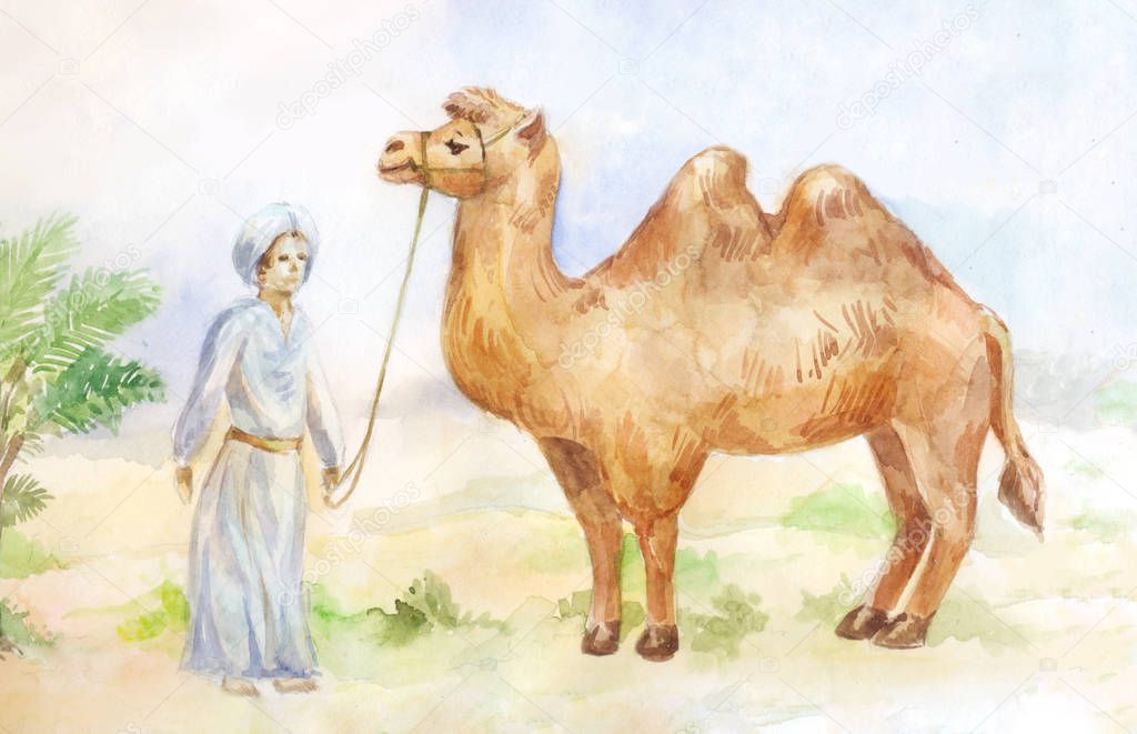 Watercolor illustration of camel and chasseur on desert backgrou