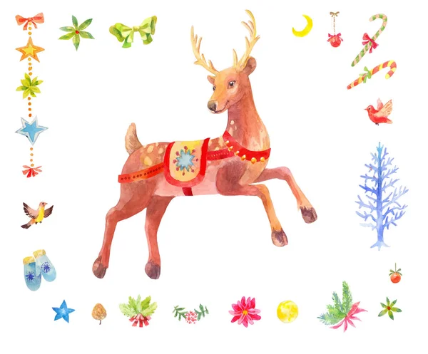 # Watercolor Christmas set of deer and other winter element # — Stok Foto