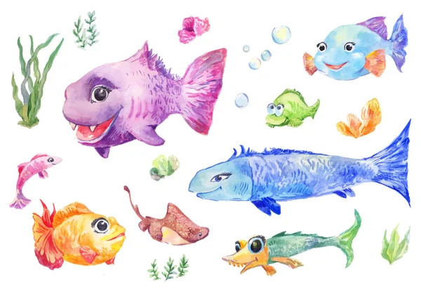 漫画水彩魚、海の図 — ストックベクタ