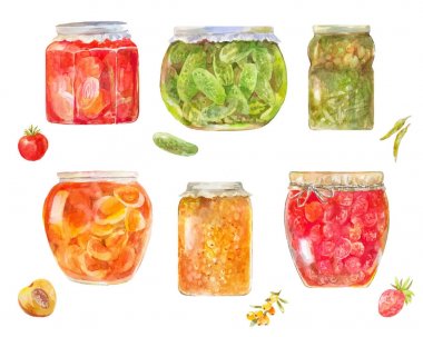 Konserve domates, salatalık, çilek, şeftali, deniz buckthor kümesi