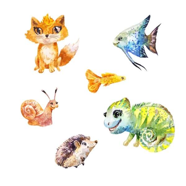 Set Watercolor hewan peliharaan eksotis kecil lucu — Stok Foto