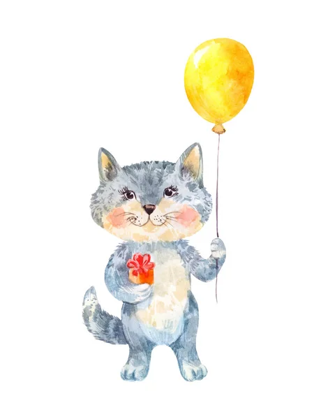 Naïeve Kinder tekening van een kat met een geschenk en een ballon — Stockfoto