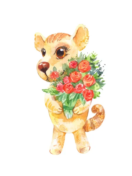 Pequeño cachorro con un ramo de rosas, saludo de cumpleaños —  Fotos de Stock