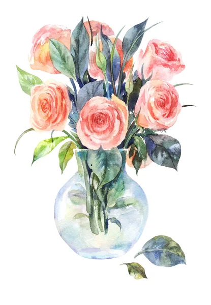 Aquarel rozen in een glazen vaas geïsoleerd op een witte achtergrond. — Stockfoto