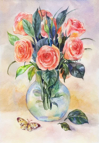 Ακουαρέλα νεκρή φύση με τριαντάφυλλα σε γυάλινο βάζο με πεταλούδα. — Φωτογραφία Αρχείου