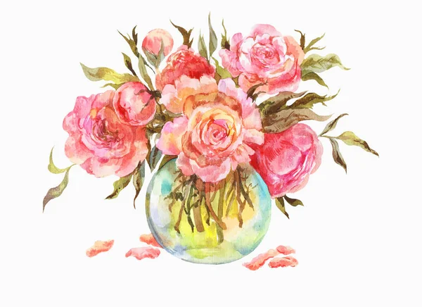 Pink roses or peonies in a glass vase. Watercolor illustration. — Stock Photo, Image