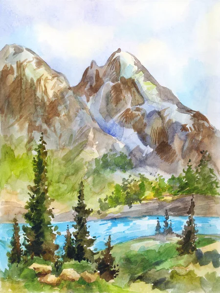 Akvarell táj és a hegyek és a folyó. Vintage rajz — Stock Fotó
