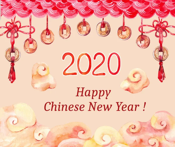 La acuarela chino felicitación de año nuevo. ¡Feliz 2020! Plantilla —  Fotos de Stock