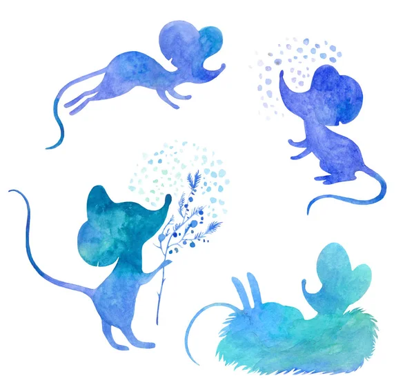 新年老鼠。 水彩画中的蓝色轮廓在wh上被隔离 — 图库照片
