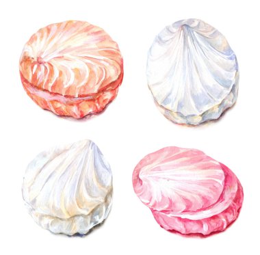 Pembe, krema ve beyaz zefir. Suluboya şekerlemeler.