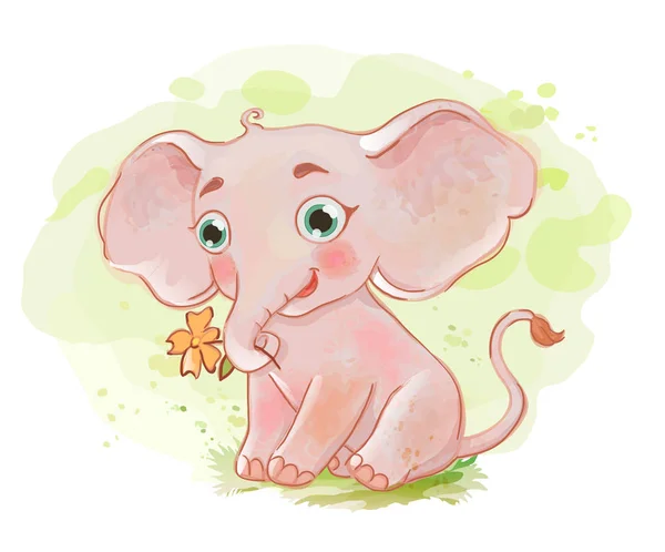 Gajah lucu dengan bunga kecil - Stok Vektor