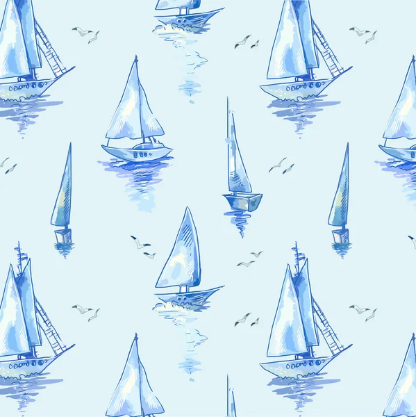 Blue sailboats. Vector pattern with boats in watercolor style — Stock Vector