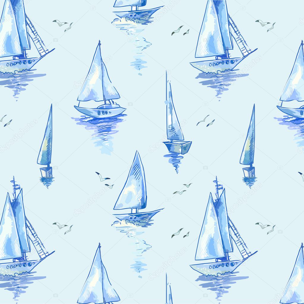 Blue sailboats. Vector pattern with boats in watercolor style