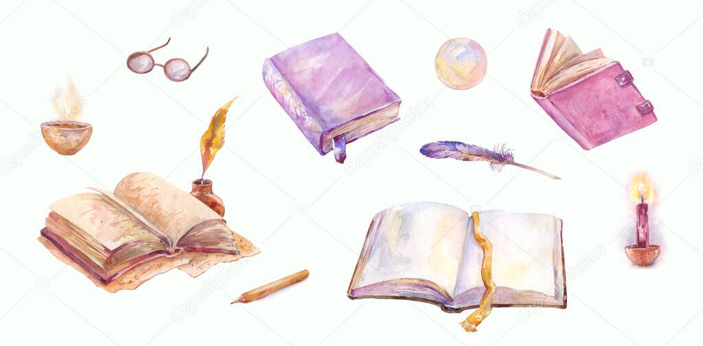 Magic watercolor set. Old books, open and closed, feather pen, glass ball and burning candles isolated on white. Stickers or vintage writer's elements collection