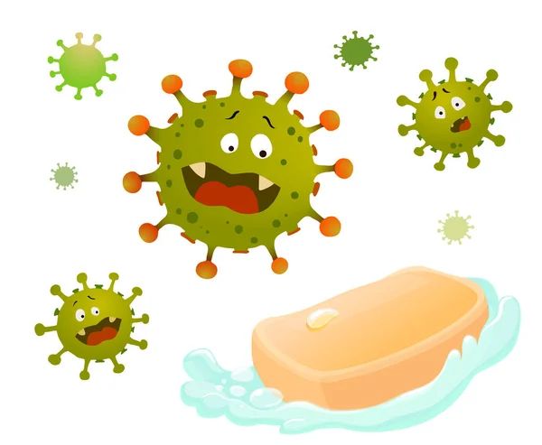 Sabun Membunuh Sel Virus Deterjen Dan Disinfektan Pencegahan Infeksi Konsep - Stok Vektor