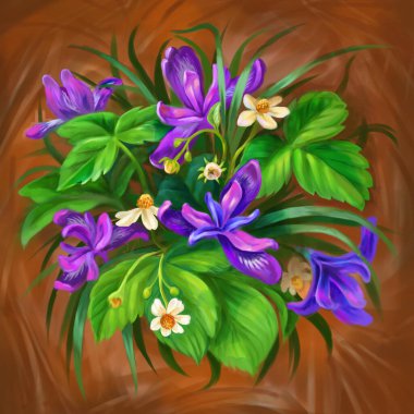 Summer or spring floral poster with purple flower of siberian iris and blooming strawberries. Botanical illustration clipart