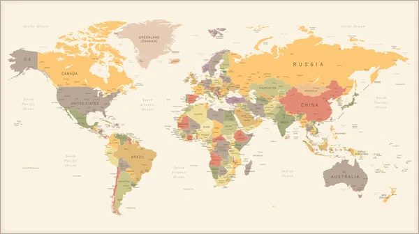 Vintage Retro World Map - illusztráció — Stock Vector