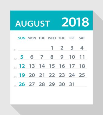 Ağustos 2018 düz, yaprak - illüstrasyon takvimi