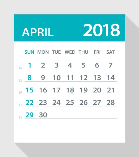 Abril 2018 Calendario Hoja Plana - Ilustración — Vector de stock