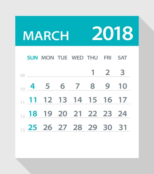 März 2018 Kalenderblatt flach - Illustration — Stockvektor