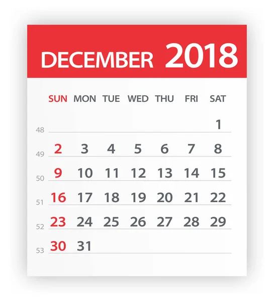 December 2018 kalender röda blad - Illustration — Stock vektor