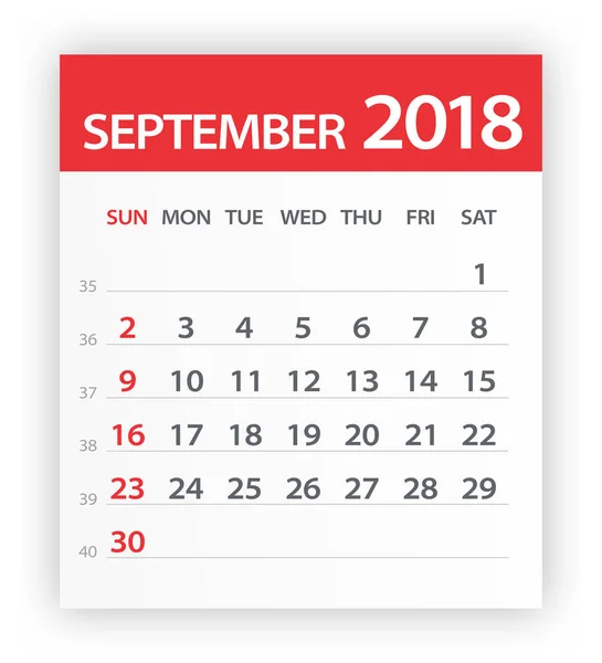 Září 2018 kalendář červený list - ilustrace — Stockový vektor