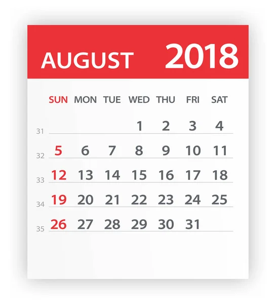 August 2018 kalender rotes blatt - illustration — Stockvektor