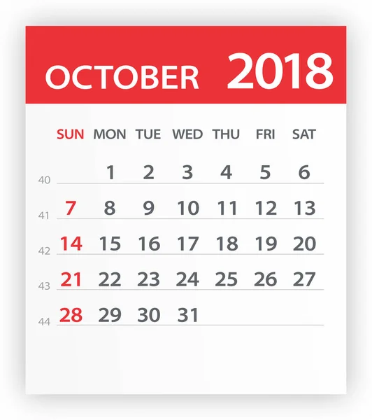 Ottobre 2018 Calendario Red Leaf - Illustrazione — Vettoriale Stock