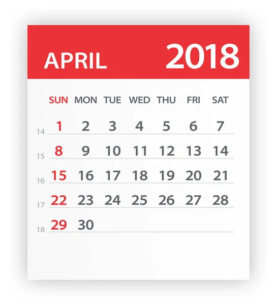 April 2018 Kalender rotes Blatt - Illustration — Stockvektor