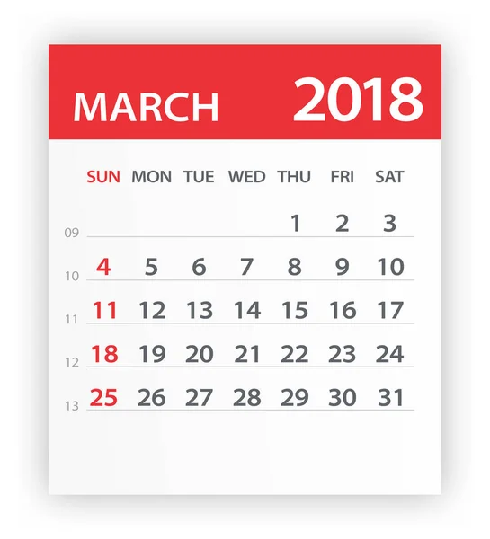 März 2018 Kalenderblatt - Illustration — Stockvektor