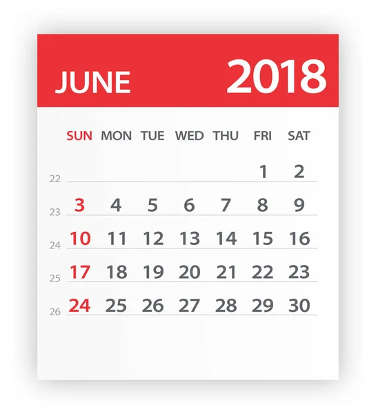 Juni 2018 Kalender rotes Blatt - Illustration — Stockvektor
