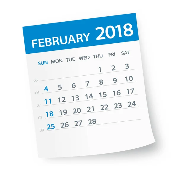 Februari 2018 kalender Leaf - Illustration — Stock vektor