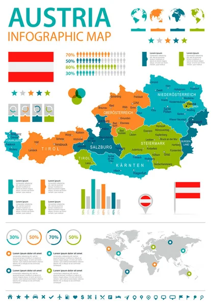 Áustria - Mapa infográfico e bandeira - ilustração — Vetor de Stock