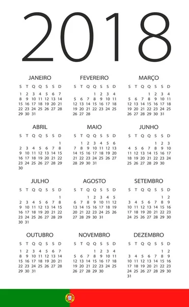 Calendario 2018 - Versión en portugués — Vector de stock