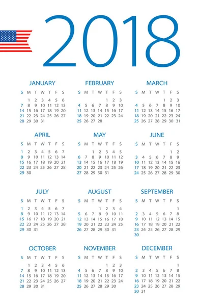 Kalender 2018 - amerikanische Version — Stockvektor
