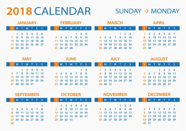 Kalender 2018 - ilustrasi - Stok Vektor