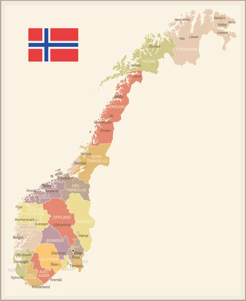 Noruega - Mapa y bandera vintage - ilustración — Archivo Imágenes Vectoriales