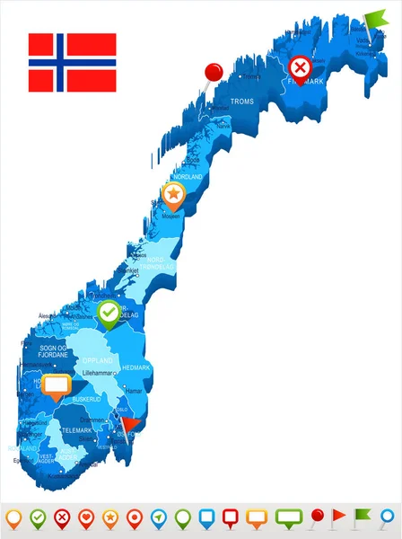 Норвегія - карта та позначати прапорцем ілюстрація — стоковий вектор