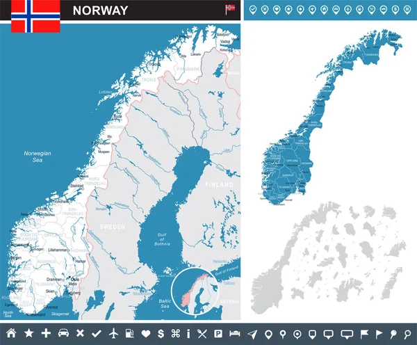 Noruega - ilustración infográfica de mapa y bandera — Archivo Imágenes Vectoriales