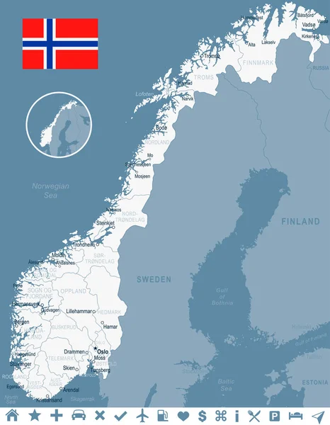 Norvège - carte et drapeau - illustration — Image vectorielle