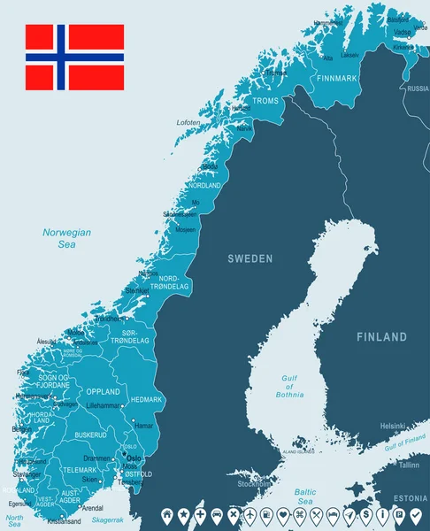 Noruega - ilustração do mapa e da bandeira —  Vetores de Stock