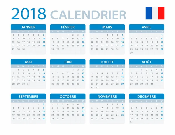 Calendario 2018 - Versión en francés — Archivo Imágenes Vectoriales