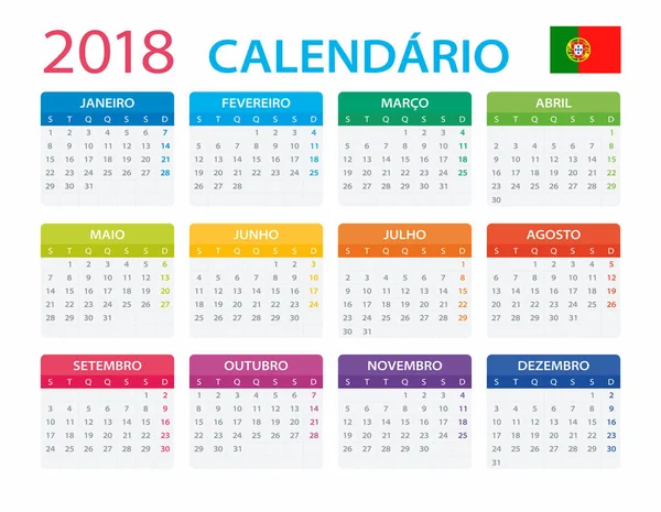 Calendário 2018 - Versão em Português —  Vetores de Stock